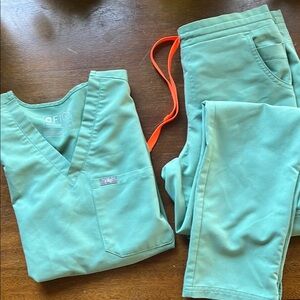 Figs Teal Scrub Set with Orange Drawstring